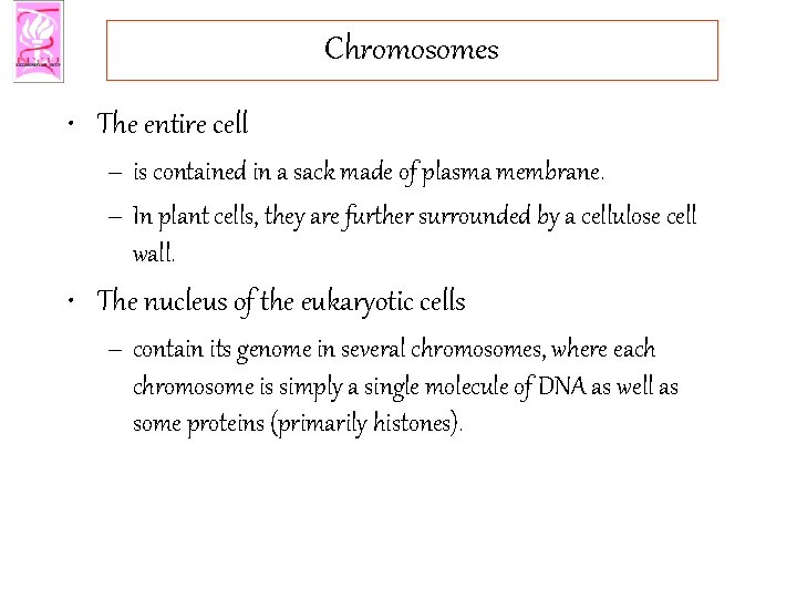 Chromosomes • The entire cell – is contained in a sack made of plasma