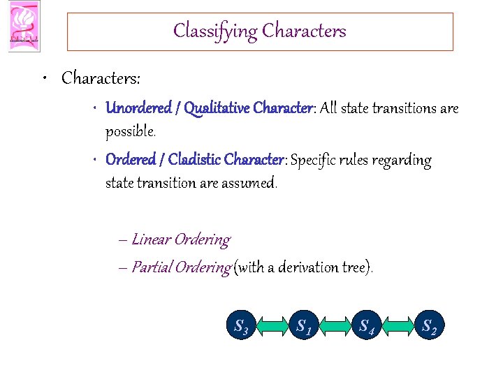 Classifying Characters • Characters: • Unordered / Qualitative Character: All state transitions are possible.