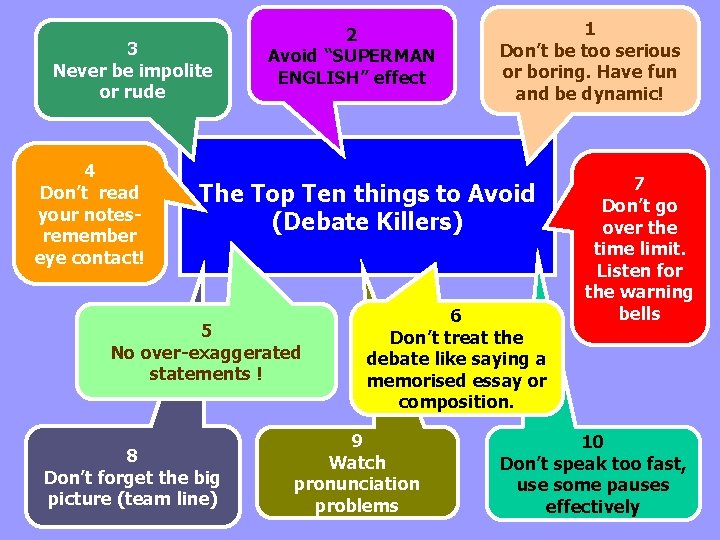 3 Never be impolite or rude 4 Don’t read your notesremember eye contact! 2