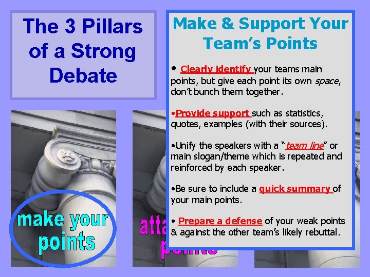 The 3 Pillars of a Strong Debate Make & Support Your Team’s Points •