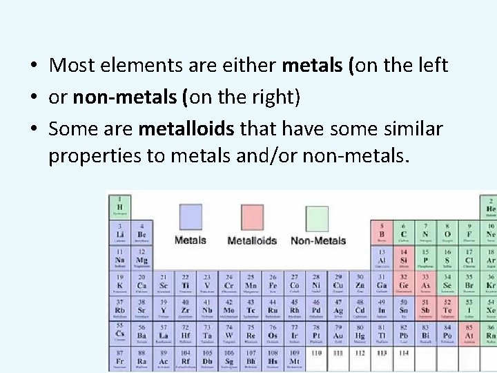  • Most elements are either metals (on the left • or non-metals (on
