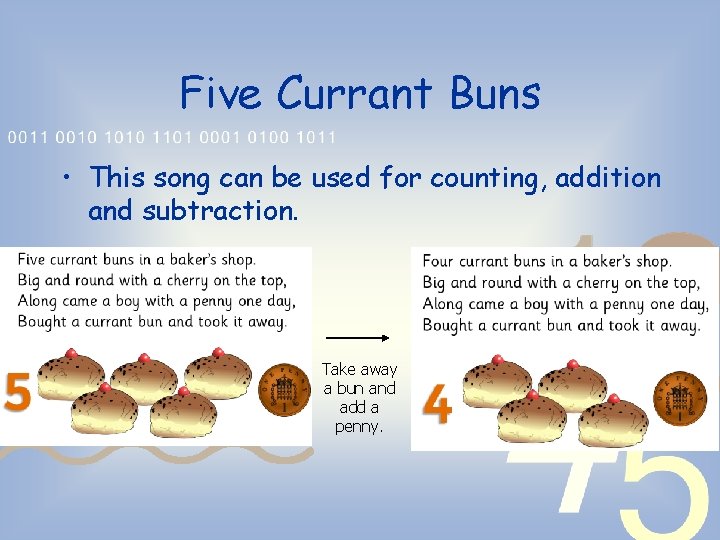 Five Currant Buns • This song can be used for counting, addition and subtraction.