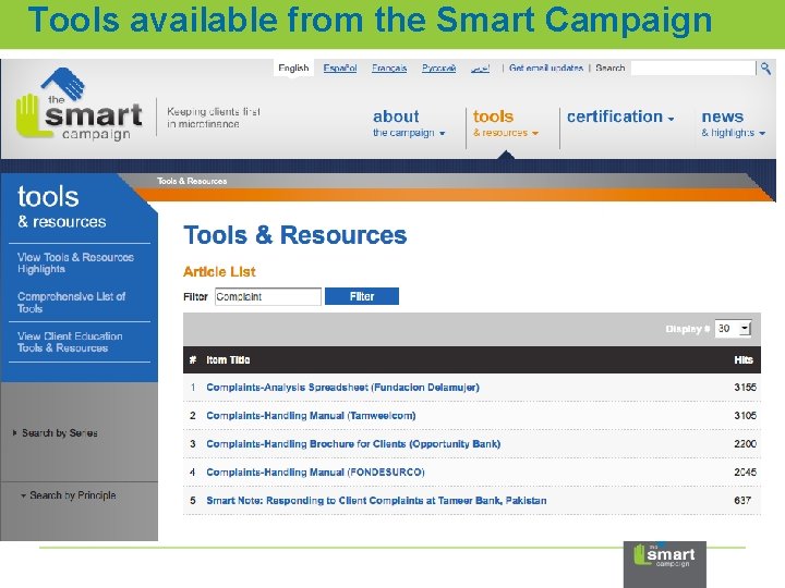 Tools available from the Smart Campaign 
