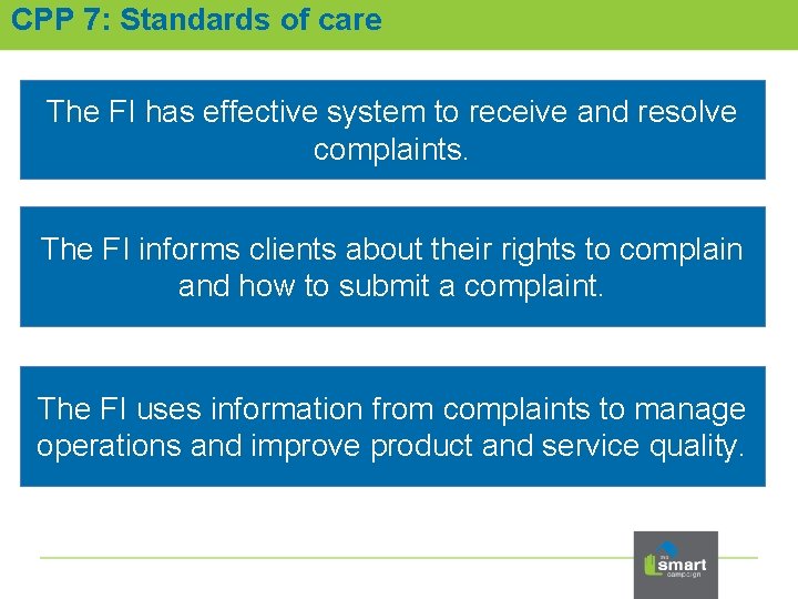 CPP 7: Standards of care The FI has effective system to receive and resolve