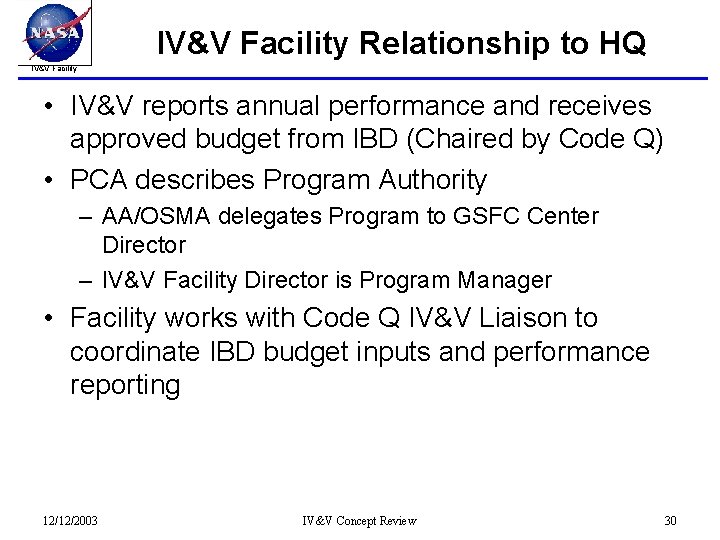 IV&V Facility Relationship to HQ IV&V Facility • IV&V reports annual performance and receives