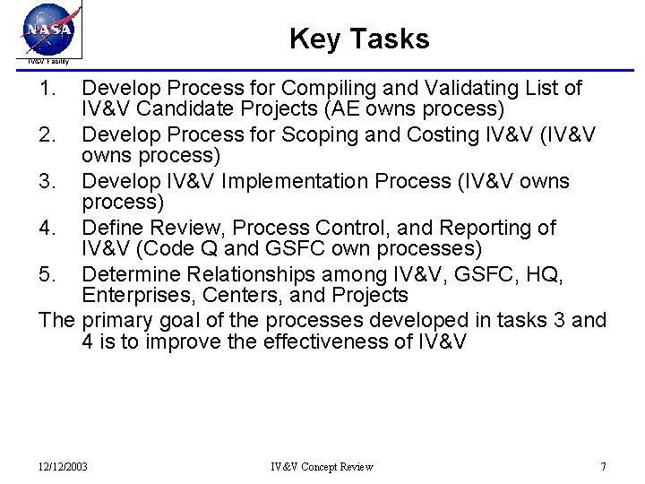 Key Tasks IV&V Facility 1. Develop Process for Compiling and Validating List of IV&V