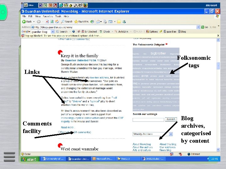 Links Comments facility Folksonomic tags Blog archives, categorised by content 
