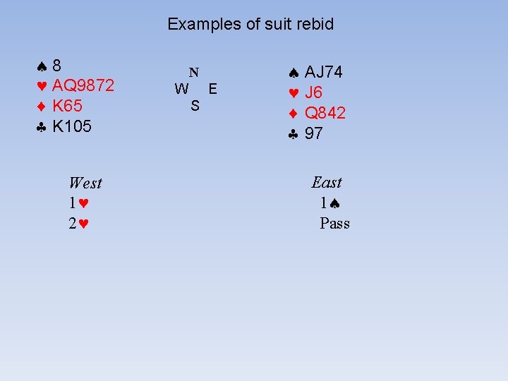 Examples of suit rebid 8 AQ 9872 K 65 K 105 West 1 2