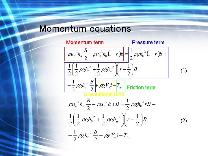 Momentum equations Momentum term Pressure term (1) Friction term Gravitational term (2) 