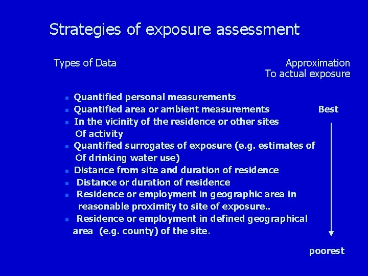 Strategies of exposure assessment Types of Data n n n n Approximation To actual