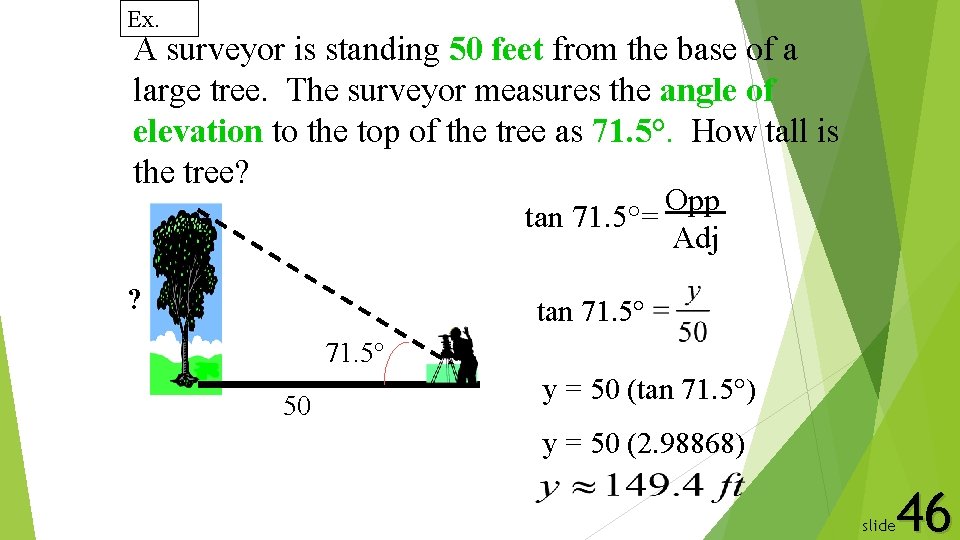 Ex. A surveyor is standing 50 feet from the base of a large tree.
