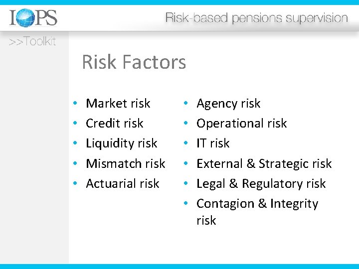Risk Factors • • • Market risk Credit risk Liquidity risk Mismatch risk Actuarial