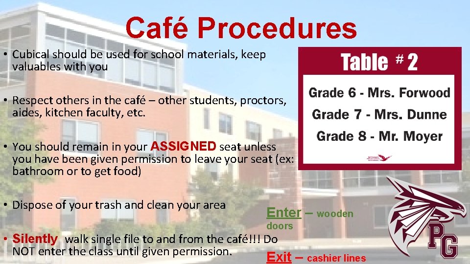 Café Procedures • Cubical should be used for school materials, keep valuables with you