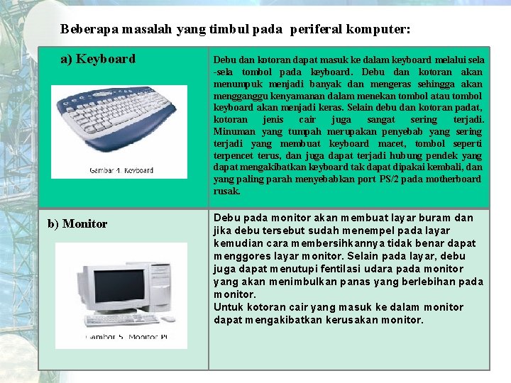 Beberapa masalah yang timbul pada periferal komputer: a) Keyboard b) Monitor Debu dan kotoran