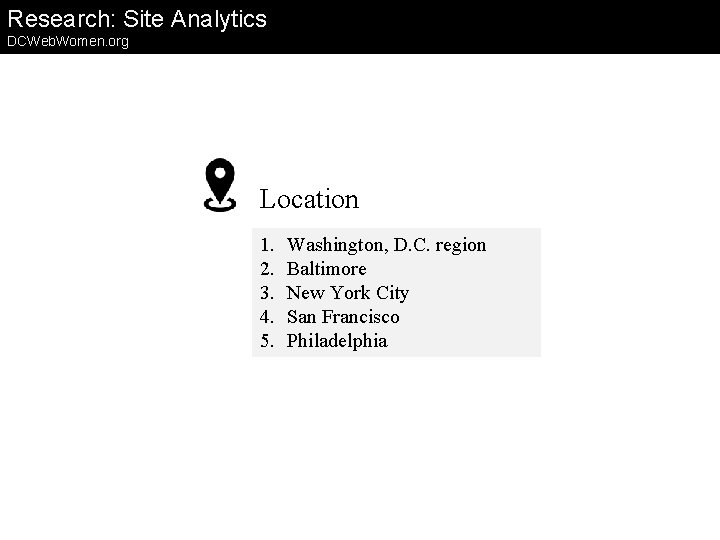 Research: Site Analytics DCWeb. Women. org Location 1. 2. 3. 4. 5. Washington, D.