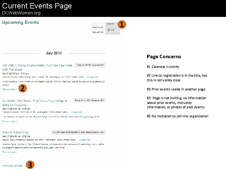 Current Events Page DCWeb. Women. org 1 Page Concerns #1 Calendar is clunky #2