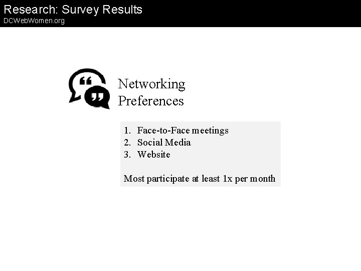 Research: Survey Results DCWeb. Women. org Networking Preferences 1. Face-to-Face meetings 2. Social Media