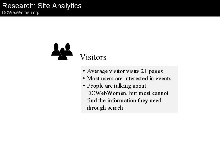 Research: Site Analytics DCWeb. Women. org Visitors • Average visitor visits 2+ pages •