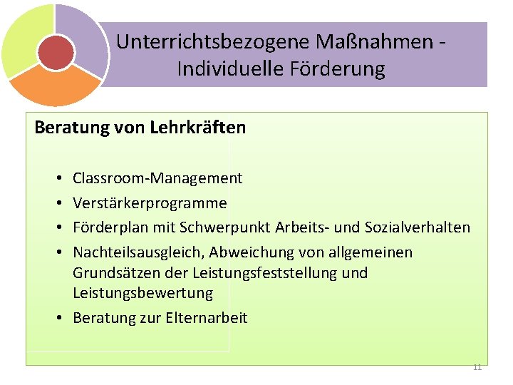 Unterrichtsbezogene Maßnahmen Individuelle Förderung Beratung von Lehrkräften Classroom-Management Verstärkerprogramme Förderplan mit Schwerpunkt Arbeits- und