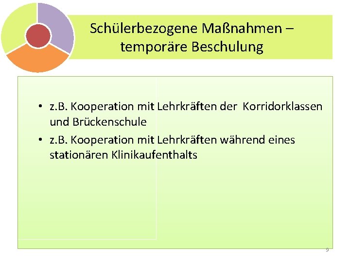 Schülerbezogene Maßnahmen – temporäre Beschulung • z. B. Kooperation mit Lehrkräften der Korridorklassen und