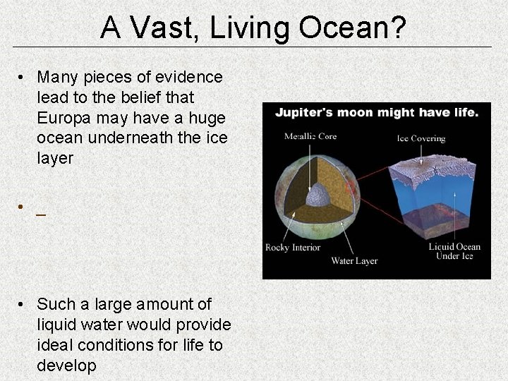 A Vast, Living Ocean? • Many pieces of evidence lead to the belief that