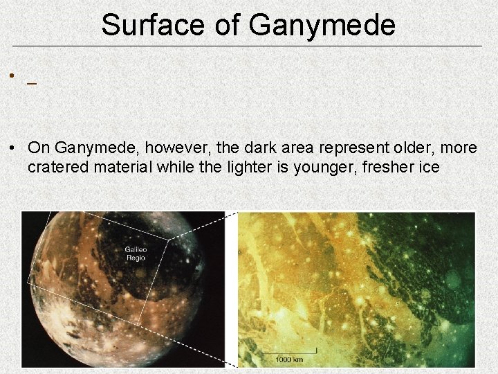 Surface of Ganymede • _ • On Ganymede, however, the dark area represent older,