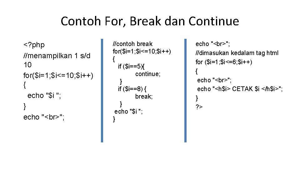 Contoh For, Break dan Continue <? php //menampilkan 1 s/d 10 for($i=1; $i<=10; $i++)