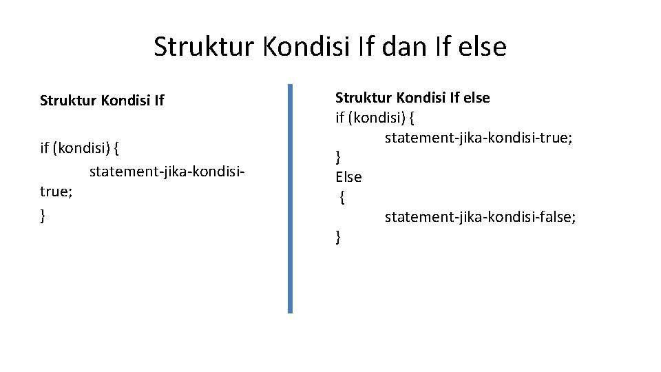 Struktur Kondisi If dan If else Struktur Kondisi If if (kondisi) { statement-jika-kondisitrue; }