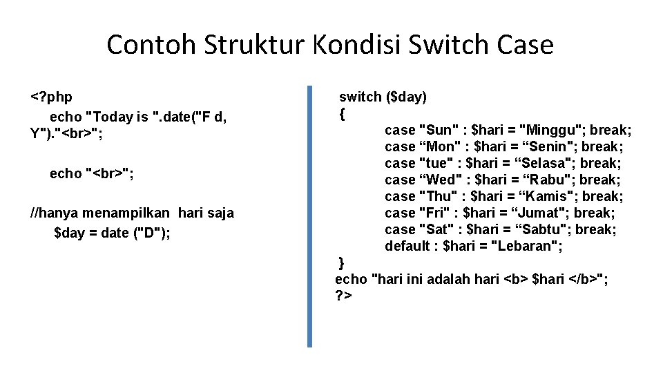 Contoh Struktur Kondisi Switch Case <? php echo "Today is ". date("F d, Y").