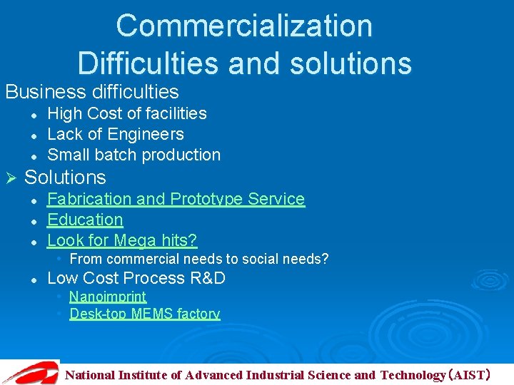 Commercialization Difficulties and solutions Business difficulties l l l Ø High Cost of facilities