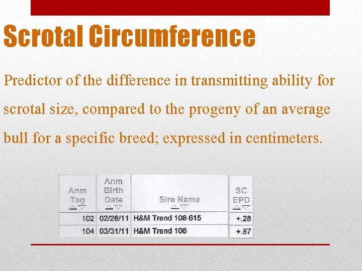 Scrotal Circumference Predictor of the difference in transmitting ability for scrotal size, compared to