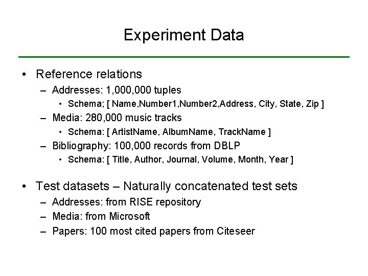 Experiment Data • Reference relations – Addresses: 1, 000 tuples • Schema; [ Name,
