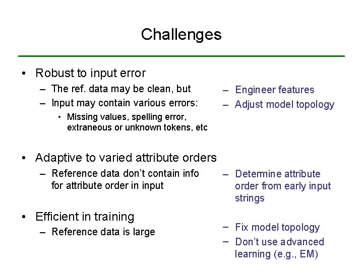 Challenges • Robust to input error – The ref. data may be clean, but