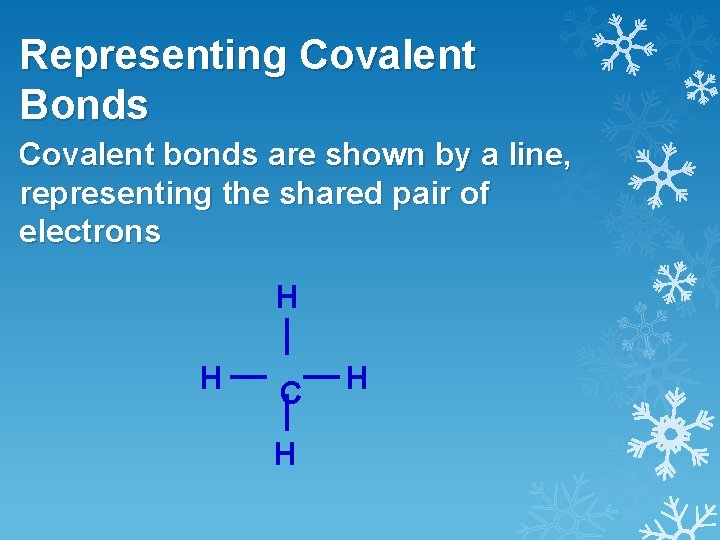 Representing Covalent Bonds Covalent bonds are shown by a line, representing the shared pair