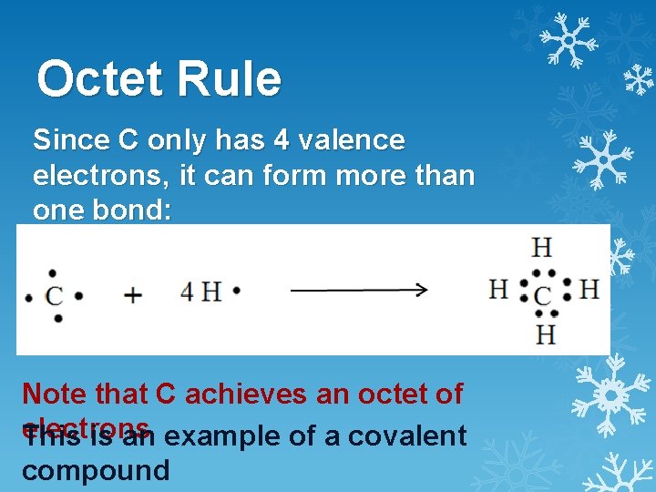 Octet Rule Since C only has 4 valence electrons, it can form more than
