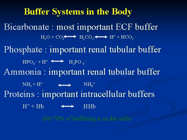 Buffer Systems in the Body Bicarbonate : most important ECF buffer H 2 O