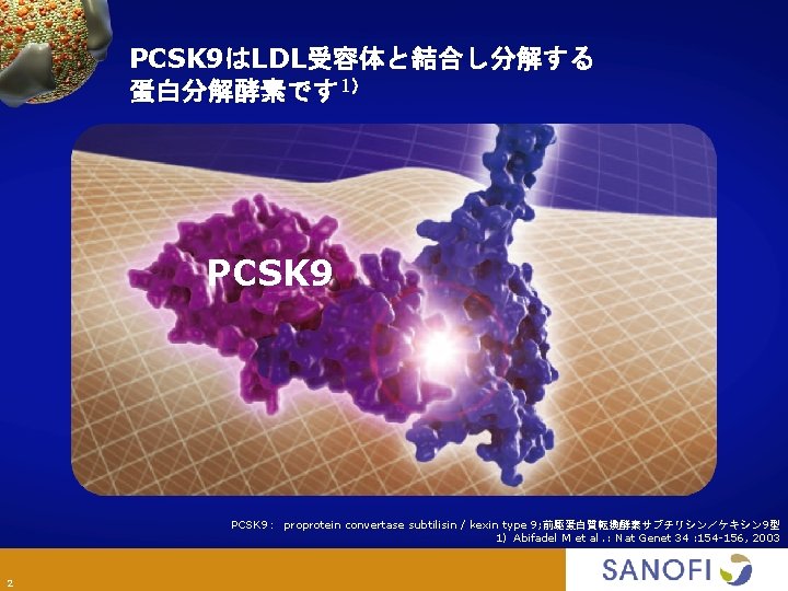 PCSK 9はLDL受容体と結合し分解する 蛋白分解酵素です 1） PCSK 9： proprotein convertase subtilisin / kexin type 9; 前駆蛋白質転換酵素サブチリシン／ケキシン