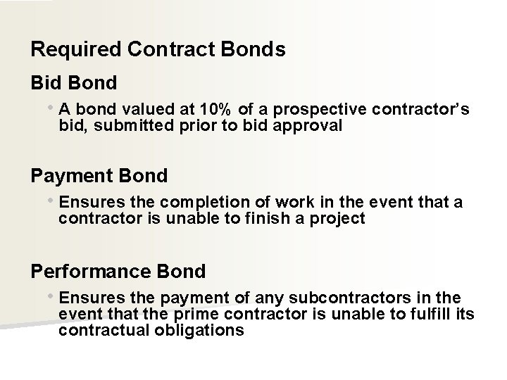 Required Contract Bonds Bid Bond • A bond valued at 10% of a prospective