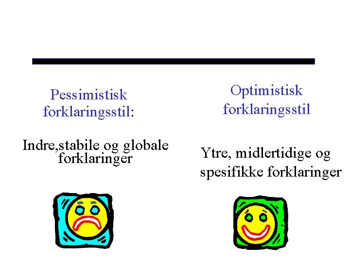 Pessimistisk forklaringsstil: Indre, stabile og globale forklaringer Optimistisk forklaringsstil Ytre, midlertidige og spesifikke forklaringer