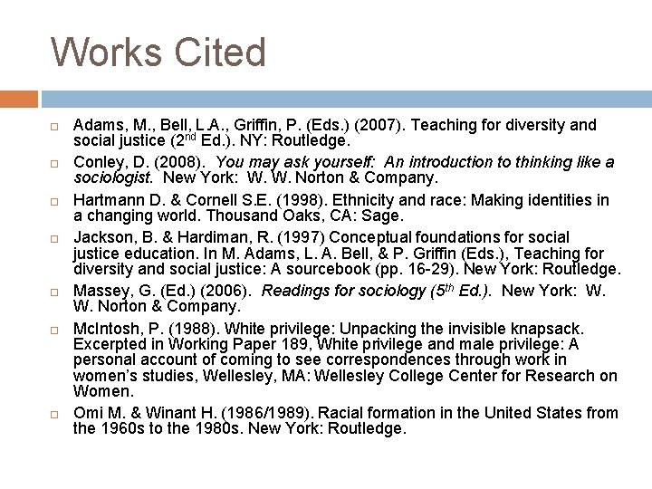 Works Cited Adams, M. , Bell, L. A. , Griffin, P. (Eds. ) (2007).