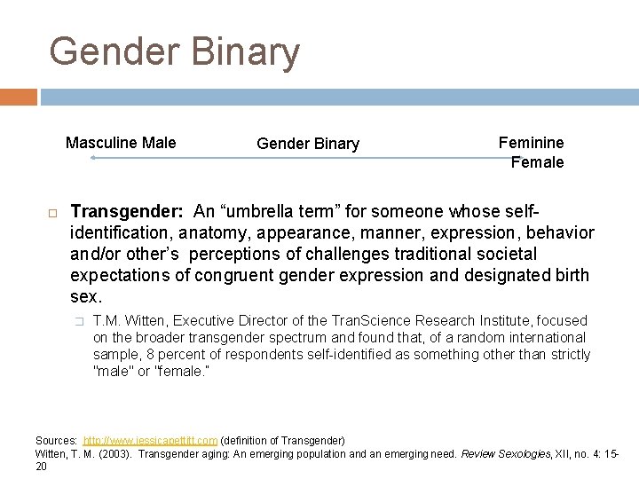 Gender Binary Masculine Male Gender Binary Feminine Female Transgender: An “umbrella term” for someone