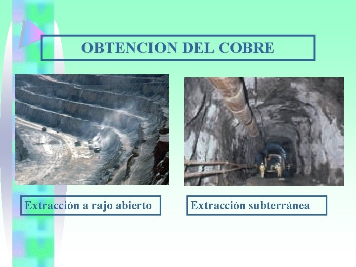 OBTENCION DEL COBRE Extracción a rajo abierto Extracción subterránea 