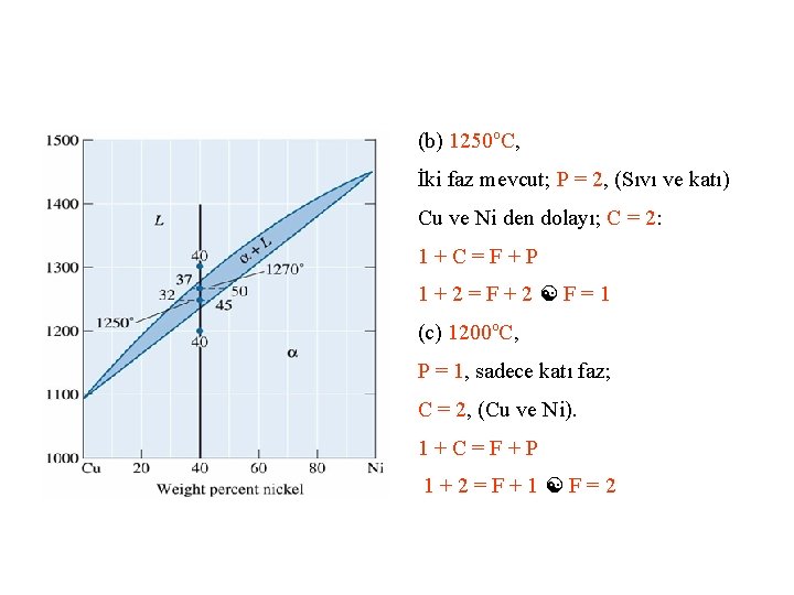 (b) 1250 o. C, İki faz mevcut; P = 2, (Sıvı ve katı) Cu