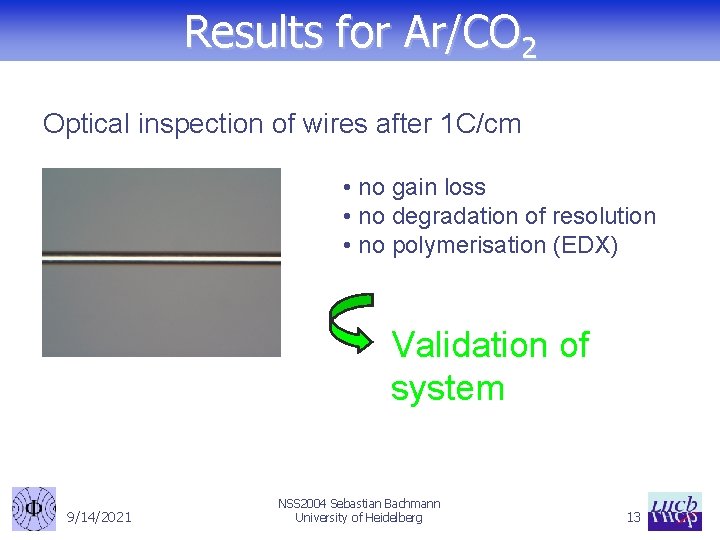 Results for Ar/CO 2 Optical inspection of wires after 1 C/cm • no gain