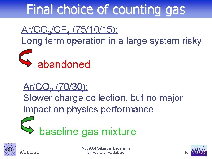 Final choice of counting gas Ar/CO 2/CF 4 (75/10/15): Long term operation in a
