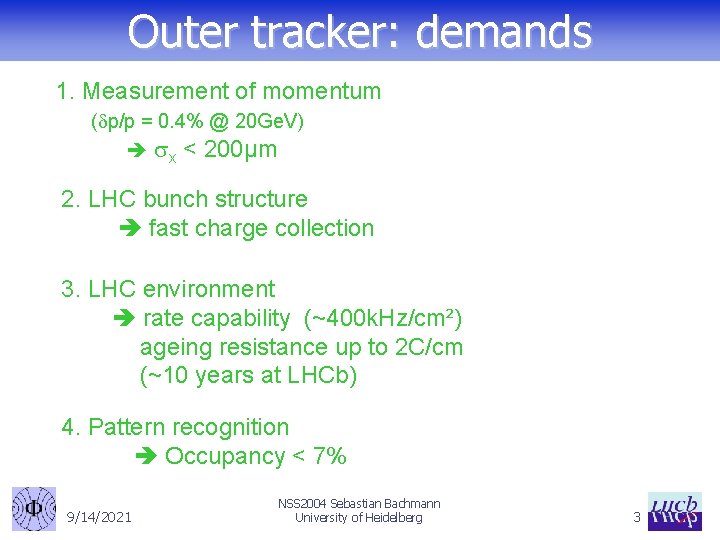 Outer tracker: demands 1. Measurement of momentum (dp/p = 0. 4% @ 20 Ge.