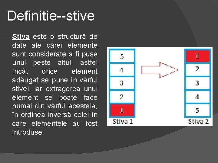 Definitie--stive Stiva este o structură de date ale cărei elemente sunt considerate a fi