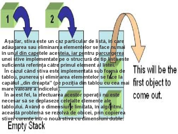 Așadar, stiva este un caz particular de listă, în care adăugarea sau eliminarea elementelor