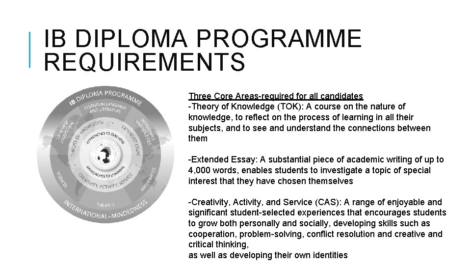 IB DIPLOMA PROGRAMME REQUIREMENTS Three Core Areas-required for all candidates -Theory of Knowledge (TOK):