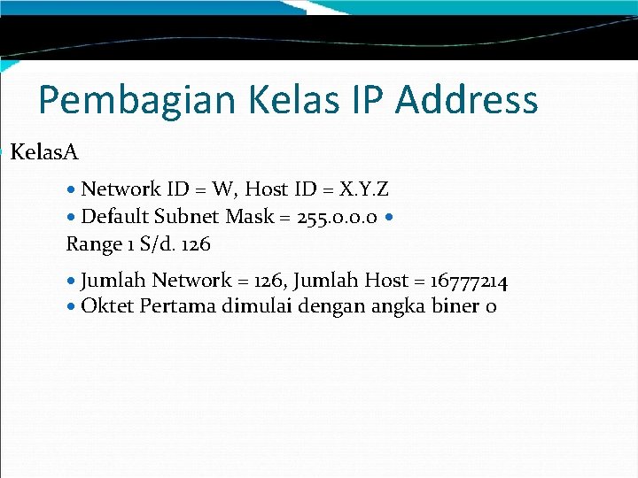 Pembagian Kelas IP Address Kelas. A Network ID = W, Host ID = X.